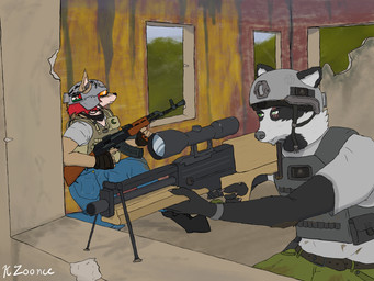 ak-74 anthro assault_rifle belt building bulletproof_vest clock clothing crescent_moon denim destroyed_building detailed_background dirt dirty disability duo eye_scar eyewear facial_scar female fingerless_gloves flag forest gloves goggles gun hair handwear kazakhstan_flag male military moon plant ranged_weapon red_hair rifle scar sniper sniper_rifle solo tree trigger_discipline wa2000 watch weapon western_sahara_flag wristwatch zoonce fennaline_dalal_assad_(techmo) sayyid_nazar_ezra_(techmo) asian_badger badger canid canine fennec_fox fox mammal meles mustelid musteline true_fox 4:3 absurd_res hi_res female_(lore) trans_(lore) trans_man_(lore)