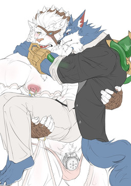 anthro being_held blush carrying_another chastity_cage chastity_device claws crossdressing_male digit_ring engagement_ring eye_patch eyewear feet jewelry love loving_gaze male male/male nipple_piercing nipple_ring nipples piercing ring_piercing yellow_eyes leoles league_of_legends riot_games tencent rengar_(lol) warwick_(lol) canid canine canis felid lion mammal pantherine wolf hi_res