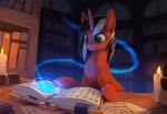 book brown_body brown_fur candle detailed_background feral fur green_eyes hooves horn magic male reading solo rodrigues404 hasbro my_little_pony mythology fan_character equid equine mammal mythological_creature mythological_equine unicorn 2018 2d_animation animated digital_media_(artwork) short_playtime