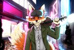 ambiguous_gender anthro bowed_string_instrument clothed clothing fedora fingers fur hat headgear headwear holding_object looking_at_viewer musical_instrument neon_lights red_eyes smile smiling_at_viewer solo standing string_instrument tail violin mistakes canid canine canis fox mammal red_fox true_fox digital_media_(artwork)