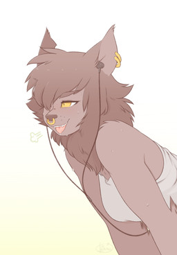amber_eyes anthro bangs bodily_fluids breasts clothed clothing ear_piercing earbuds electronics exercise facial_piercing female fur headphones leaning leaning_forward mane nose_piercing piercing simple_background solo sweat tongue tongue_out nextel aoife canid canine mammal digital_media_(artwork) half-length_portrait hi_res portrait shaded