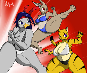 anthro big_breasts bikini black_body black_fur black_stripes blue_eyes breast_size_difference breasts brown_body brown_fur cleavage clothed clothing curvy_figure female fur grey_body grey_fur group jumping multicolored_body multicolored_fur orange_body orange_fur pose red_eyes simple_background stripes swimwear thick_thighs two-piece_swimsuit two_tone_body two_tone_fur voluptuous wide_hips triplepistacho glace_(triplepistacho) parfait_(triplepistacho) pudding_(triplepistacho) anatid anseriform avian bird duck felid hare lagomorph leporid mammal pantherine tiger 2015 hi_res