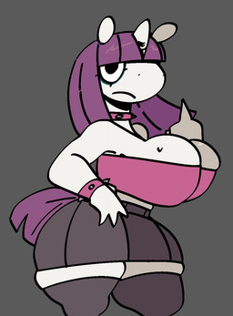 1_horn anthro bangs big_breasts bodily_fluids bottomwear bracelet breasts clothing collar female fingers gesture grey_background hair hand_gesture head_horn horn huge_thighs jewelry legwear middle_finger mouth_closed pink_clothing pink_topwear purple_hair purple_tail simple_background skirt solo spiked_bracelet spiked_collar spikes sweat sweatdrop tail thick_thighs thigh_highs topwear white_body white_sclera xarop77 mythology justine_(xarop77) equid equine mammal mythological_creature mythological_equine unicorn 2025 digital_drawing_(artwork) digital_media_(artwork) hi_res