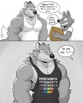 :3 annoyed anthro arm_tuft big_muscles black_nose clothed clothing cross-popping_vein duo elbow_tuft eyes_closed facial_tuft fur grey_body grey_fur happy head_tuft heart_symbol humor lgbt_pride male motion_blur multicolored_clothing multicolored_shirt multicolored_tank_top multicolored_text multicolored_topwear muscular pecs pride_color_clothing pride_color_shirt pride_color_tank_top pride_color_text pride_color_topwear pride_colors print_clothing rainbow_pride_colors shirt six-stripe_rainbow_pride_colors size_difference smile tail tail_motion tailwag tank_top teeth text topwear tuft ruffusbleu lgbt_pride_month pri(demon)th ruffus_(ruffusbleu) canid canine canis mammal wolf 2023 english_text hi_res