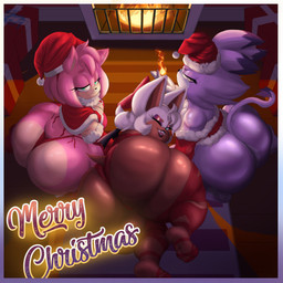 anthro big_butt bodily_fluids brown_body butt chimney christmas_clothing christmas_headwear christmas_present clothing crop_top eyeshadow fangs feet female fur gift gloves green_eyes grin group hair handwear hat headgear headwear holidays huge_butt legwear lipstick makeup orange_eyes pink_body ponytail purple_body santa_hat shirt smile sweat tan_butt teeth thigh_highs thong topwear trio underwear white_body white_fur snowyblue1 christmas sega sonic_the_hedgehog_(series) amy_rose blaze_the_cat rouge_the_bat bat domestic_cat eulipotyphlan felid feline felis hedgehog mammal hi_res