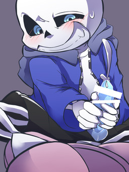 balls blue_eyes blush bodily_fluids bone bottomwear censor_bar clothed clothing cum footwear genital_fluids genitals grin hoodie ineffective_censorship male not_furry penis shoes shorts skeleton slippers smile solo sweat topwear borushi undertale undertale_(series) sans_(undertale) animated_skeleton undead 2015 3:4 censored hi_res
