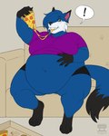 anthro belly big_belly biped black_body black_bottomwear black_clothing black_fur black_shorts blue_eyes blue_hair bottomwear clothing container eating female female_anthro fluffy fluffy_tail food fur furniture green_eyes hair long_hair male moobs obese obese_anthro obese_female on_sofa overweight overweight_anthro overweight_female overweight_male pizza pizza_box purple_clothing purple_shirt purple_topwear shirt shorts sitting sitting_on_sofa sofa solo tail topwear white_body white_fur valerayu zero_(foxyguy445) canid canine fox mammal 2024 hi_res