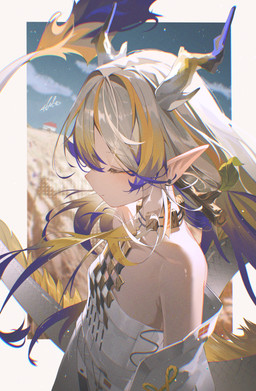 bare_shoulders blush border breasts choker clothing collarbone ear_piercing ear_ring eyeliner eyes_closed female grey_hair hair hair_between_eyes highlights_(coloring) horn jacket jewelry long_hair makeup necklace orange_eyeliner outside_border piercing pointy_ears prick_ears raised_tail ring_piercing shirt side_view sleeveless_shirt small_breasts strapless_clothing tail text topwear white_clothing white_jacket white_shirt white_topwear flan_5oo arknights hypergryph mythology studio_montagne shu_(arknights) animal_humanoid dragon dragon_humanoid horned_humanoid humanoid mythological_creature mythological_scalie scalie absurd_res english_text half-length_portrait hi_res huge_filesize portrait signature