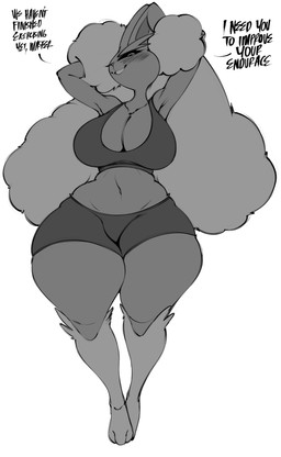 3_toes anthro athletic_wear big_breasts blush blush_lines bottomwear bra breasts clothing feet female female_anthro gym_bottomwear gym_shorts hair hands_behind_head looking_at_viewer master navel shorts simple_background solo sports_bra teeth text toes underwear white_background wide_hips saltyxodium nintendo pokemon generation_4_pokemon lopunny pokemon_(species) 2026 absurd_res english_text hi_res monochrome