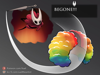 black_arms black_body black_legs cloak clothed clothing hornet's_needle melee_weapon monotone_cloak rainbow_wig red_cloak red_clothing text weapon white_head wig conditional_dnp xael_the_artist hollow_knight:_silksong hollow_knight_(franchise) ko-fi patreon team_cherry hornet_(hollow_knight) arthropod 4:3 absurd_res hi_res url