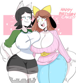 accessory anthro big_breasts black_hair blue_eyes blush blush_stickers bow_ribbon breast_squish breasts breasts_frottage brown_hair centered_hair_bow cleavage clothed clothed_anthro clothed_female clothing collarbone duo emanata eyebrow_through_hair eyebrows female fully_clothed fully_clothed_anthro fully_clothed_female hair hair_accessory hair_bow hair_ribbon heart_symbol huge_breasts looking_at_another nipple_outline open_mouth open_smile ribbons smile squish tail text thick_thighs translucent translucent_hair wide_hips yellow_hair_bow jinu holly_applebee maggie_applebee canid canine canis domestic_dog mammal 2018 digital_drawing_(artwork) digital_media_(artwork) english_text hi_res daughter_(lore) mother_(lore) mother_and_child_(lore) mother_and_daughter_(lore) parent_(lore) parent_and_child_(lore) parent_and_daughter_(lore)