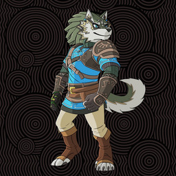 accessory anthro anthrofied belt clothed clothing cybernetic_arm cybernetic_limb ear_piercing ear_ring gear gloves grey_face handwear male muscular muscular_anthro muscular_male pattern_background piercing ring_piercing simple_background solo tail vasgore nintendo tears_of_the_kingdom the_legend_of_zelda link_(wolf_form) canid canine canis mammal wolf 1:1 hi_res