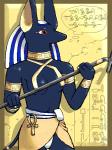 3:4 ankh anthro anubian_jackal anubis archived_source black_body black_fur breasts canid canine canis clothing deity egyptian egyptian_mythology female fur g-sun hieroglyphics jackal mammal middle_eastern_mythology mythology purple_eyes red_eyes solo staff standing thought_bubble
