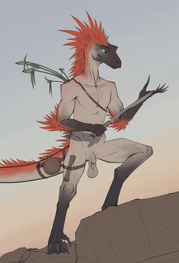 anthro balls casual_nudity claws digitigrade feathers finger_claws flaccid genitals holding_object holding_weapon male nude outside penis saggy_balls solo tail tribal weapon bullchicken dinosaur feathered_dinosaur feathered_scalie prehistoric_species reptile saurischian scalie theropod tyrannosauroid absurd_res hi_res