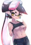 breasts clothed clothing clothing_lift female looking_at_viewer medium_breasts pseudo_hair shirt shirt_lift simple_background smile solo tentacle_hair tentacles topwear under_boob yellow_eyes hizake nintendo splatoon callie_(splatoon) animal_humanoid cephalopod cephalopod_humanoid humanoid inkling marine marine_humanoid mollusk mollusk_humanoid hi_res