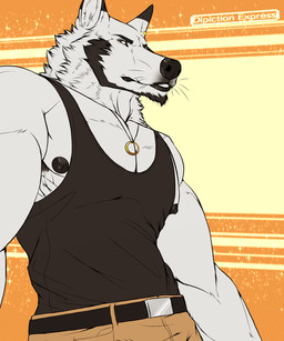 anthro armpit_hair beard belt belt_buckle black_body black_clothing black_fur black_nipples black_nose black_shirt black_tank_top black_topwear body_hair bottomwear buckle cargo_pants clothed clothing ear_piercing facial_hair facial_tuft fur gold_ring jewelry looking_aside looking_at_viewer low-angle_view male multicolored_body multicolored_fur muscular muscular_anthro muscular_male necklace nipples orange_background pants pattern_background piercing shirt simple_background solo tank_top topwear tuft whiskers white_body white_fur yellow_background depictionexpress alfonso_(depictionexpress) canid canine canis mammal wolf 5:6 hi_res