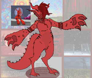 ambiguous_gender anthro armband big_hands bracelet chest_fur chest_tuft collar crotch_tuft digitigrade dinosaur_tail feet fluffy horn jewelry pawpads paws raised_arms red_body solo spiked_bracelet spiked_collar spikes standing tall talons toes tuft allycatboom c00lkidd_(roblox) drakobloxxer