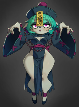5_fingers asian_clothing breasts chinese_clothing chinese_dress clothed clothing dress east_asian_clothing eyelashes female fingers footwear green_body green_hair hair jiangshi_costume medium_breasts narrowed_eyes ofuda ofuda_on_forehead open_mouth pear-shaped_figure purple_eyes shoes solo standing talisman text thick_thighs wide_hips flowerpigeon73 league_of_legends riot_games tencent vex_(lol) humanoid mammal yordle 2025 absurd_res chinese_text hi_res