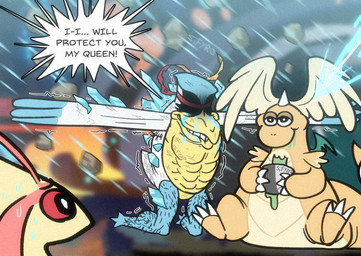abs bite biting_lip bodily_fluids body_hair claws crystal dialogue eating feathers focus_sash horn humor ice military muscular overweight protecting relaxing scarf slightly_chubby soldier sweat text warrior wings worried blitzdrachin conditional_dnp mythology nintendo pokemon pokemon_legends_z-a dragon dragonite generation_1_pokemon generation_3_pokemon generation_9_pokemon mega_dragonite mega_evolution milotic monster mythological_creature mythological_scalie pelipper pokemon_(species) scalie comic english_text meme