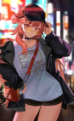 bag black_clothing black_jacket black_topwear blurred_background bottomwear breasts clothing collar eyewear female front_view hair hat headgear headwear humanoid_pointy_ears jacket looking_at_viewer mature_female not_furry pointy_ears pose red_hair shirt shorts smile solo sunglasses topwear hongbaise_raw arknights hypergryph studio_montagne haruka_(arknights) aquatic cyprinid cypriniform fish goldfish goldfish_humanoid humanoid 2025 colored digital_drawing_(artwork) digital_media_(artwork) hi_res shaded