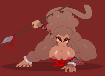 anthro areola areola_slip big_breasts breasts brown_body brown_fur eyeliner female front_view fur holding_object makeup melee_weapon polearm solo spear thick_thighs tribal weapon yellow_eyes sssonic2 talma_(sssonic2) haplorhine mammal monkey primate 2018 digital_media_(artwork) hi_res