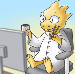 3_toes anthro biped chair chopsticks clothing coat computer computer_monitor electronics eyewear feet female food furniture glasses lab_coat noodles ramen simple_background sitting solo teeth toes topwear nakiri_(artist) undertale undertale_(series) alphys reptile scalie