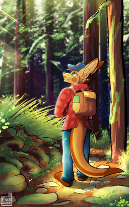 anthro backpack barefoot big_tail blue_bottomwear blue_clothing blue_pants bottomwear clothing digitigrade feet forest hat headgear headwear male pants pattern_clothing pattern_topwear plaid plaid_clothing plaid_topwear plant plantigrade red_clothing red_topwear scenery smile solo tail topwear tree year foxinuhhbox kangaroo macropod mammal marsupial 2022 5:8 color_contrast hi_res watermark