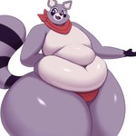 anthro belly black_nose clothing deep_navel fur gloves_(marking) grey_body grey_fur kerchief male markings navel open_mouth overweight overweight_anthro overweight_male purple_eyes purple_tongue simple_background solo tail thick_thighs tongue underwear white_background wide_hips hidenafox indigo_park rambley_raccoon mammal procyonid raccoon 1:1 absurd_res hi_res