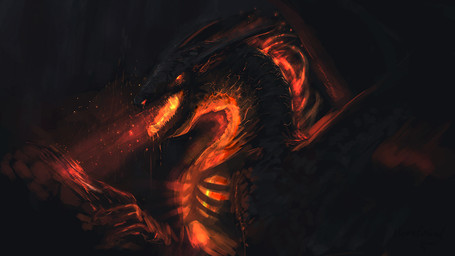 ambiguous_gender breath_powers dark elemental_manipulation feral fire fire_breathing fire_manipulation glowing glowing_eyes glowing_insides horn long_neck open_mouth orange_eyes rib_cage side_view solo themefinland mythology dragon mythological_creature mythological_scalie scalie digital_media_(artwork) digital_painting_(artwork) half-length_portrait orange_theme painting_(artwork) portrait