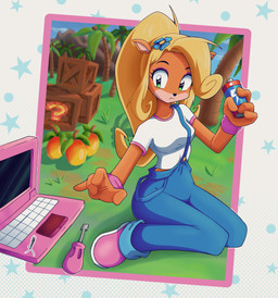 4_fingers anthro battery blonde_hair box breasts brown_body brown_fur clothed clothing computer container crate electronics female fingers food footwear fruit fur green_eyes hair kneeling laptop long_hair multicolored_body multicolored_fur outside overalls plant ponytail shirt shoes solo t-shirt topwear two_tone_body two_tone_fur white_body white_fur wristband wumpa_fruit bhomba145 activision crash_bandicoot_(series) coco_bandicoot bandicoot mammal marsupial 2025 absurd_res hi_res