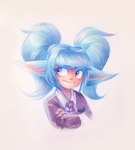 blue_ears blue_eyes blue_hair clothing crossed_arms female furry_ears hair looking_aside necktie pigtails simple_background solo suit white_background te4moon_(artist) league_of_legends riot_games tencent poppy_(lol) star_guardian_poppy_(lol) humanoid yordle colored signature traditional_media_(artwork)