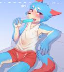 5_fingers adolescent anthro biped blue_body blue_fur blush bodily_fluids boxer_briefs bulge clothed clothing fingers food fully_clothed fur kemono male navel nipple_outline popsicle red_body red_clothing red_eyes red_fur red_underwear sea_salt_ice_cream shirt sitting solo sweat tan_body tan_fur tank_top tongue tongue_out topwear translucent translucent_clothing underwear white_clothing white_topwear young young_anthro young_male tarobandit canid canine canis domestic_dog mammal absurd_res hi_res