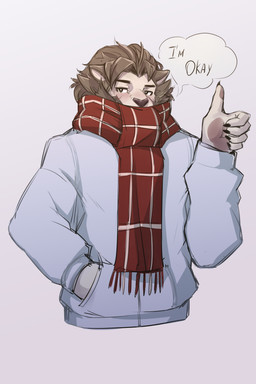 5_fingers anthro black_claws black_ears black_eyebrows black_eyes black_mane black_nose blue_clothing blue_jacket blue_topwear blush claws clothing eyebrows finger_claws fingers front_view fur gesture hand_gesture hand_in_pocket humanoid_hands jacket looking_at_viewer male mane multicolored_scarf pawpads pink_pawpads pockets pupils red_scarf scarf simple_background solo speech_bubble text thumbs_up topwear two_tone_scarf white_background white_body white_fur white_pupils white_scarf purtropos orion_(aluminemsiren) felid lion mammal pantherine 2023 2:3 absurd_res digital_media_(artwork) english_text half-length_portrait hi_res portrait sketch