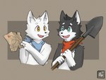 ambiguous_gender ambiguous_species anthro bandanna black_body border bruno_borker duo eye_contact fangs green_eyes hi_res kerchief looking_at_another map orange_border shovel simple_background teeth tools treasure_map white_body yellow_eyes