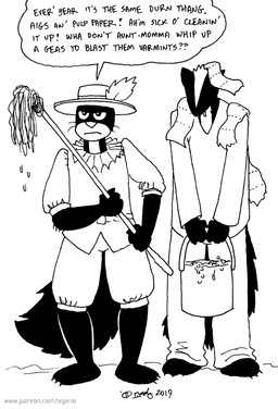 anthro cleaning_tool clothed clothing dialogue duo hat headgear headwear male mop text toilet_paper whiskers tegerio zandar's_saga bodb_(zandar's_saga) matholwch_(zandar's_saga) mammal mephitid skunk 2019 english_text monochrome