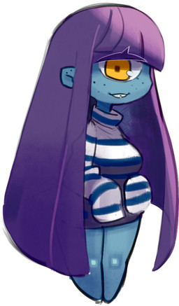 1_eye blue_body blue_skin breasts clothed clothing female freckles front_view fully_clothed hair long_hair monster_girl_(genre) noseless not_furry purple_hair shortstack simple_background smile solo sweater topwear white_background yellow_eyes chi-iz cyclops humanoid full-length_portrait portrait