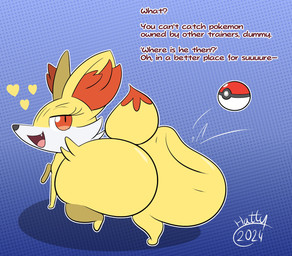 ambiguous_gender big_butt butt butt_focus eyelashes fangs feral huge_butt hyper hyper_butt inner_ear_fluff looking_back pokeball red_eyes solo tail teeth text tuft vore_implied yellow_body hatty_ya_ku nintendo pokemon fennekin generation_6_pokemon pokemon_(species) 2024 english_text hi_res