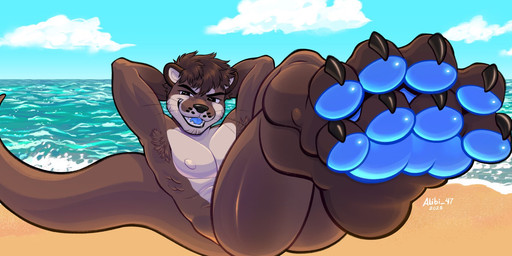 abs anthro armpit_tuft athletic athletic_male beach black_claws black_eyes black_nose blue_pawpads blue_tongue brown_body brown_fur brown_hair claws confident countershading day feet foot_focus fur hair hands_behind_head looking_at_viewer lying male male_anthro nipples nude_male on_back outside pawpads paws pecs seaside serratus short_hair sky smile solo tail tan_body tan_fur text toe_claws tongue whisker_spots whiskers white_nipples alibi_47 mammal mustelid otter artist_name dated digital_media_(artwork) hi_res shaded