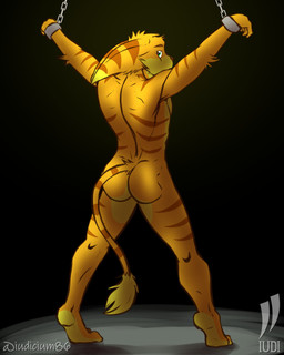 anthro back_groove barefoot biped bound butt chain chained cuff_(restraint) feet fur green_eyes hands_tied logo looking_at_viewer looking_back looking_back_at_viewer male male_anthro markings metal_cuffs nude nude_anthro nude_male orange_body orange_fur rear_view restrained_arms restraints shackled_wrists shackles solo standing striped_arms striped_body striped_ears striped_fur striped_legs striped_markings striped_tail stripes tail tail_markings tail_tuft tan_body tan_fur text three-quarter_view tiptoes tuft wrist_cuffs iudicium86 ratchet_and_clank sony_corporation sony_interactive_entertainment ratchet_(ratchet_and_clank) lombax mammal 4:5 artist_logo artist_name digital_media_(artwork) full-length_portrait hi_res portrait