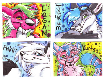 ambiguous_gender anthro beard black_body black_fur black_nose black_text blue_body blue_eyes blue_fur blue_hair blue_spots eyelashes eyewear eyewear_on_head facial_hair fangs fur goatee goggles goggles_on_head green_beard green_eyes green_facial_hair green_hair grey_body grey_fur grin hair head_tuft heterochromia markings pink_body pink_fur sabertooth_(anatomy) smile smile_lines solo spots spotted_body spotted_fur tail teeth text tuft white_body white_fur yellow_eyes blondefoxy canid canine canis cheetah felid feline fox mammal prehistoric_species red_fox saber-toothed_tiger true_fox wolf 2008 character_badge_(artwork) character_name marker_(artwork) multiple_images pen_(artwork) shaded traditional_media_(artwork)