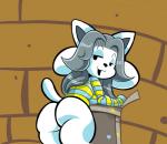anthro big_butt bottomless butt canid canine canis clothed clothing domestic_cat domestic_dog felid feline felis female fur hair looking_back mammal open_mouth smile solo tem temmie_(undertale) twindrills undertale undertale_(series) white_body white_fur