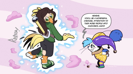 antennae_(anatomy) anthro beak clothing dialogue duo feathers footwear growth inanimate_transformation jester magical_transformation mid_transformation pole pom_antennae smoke_bomb speech_bubble tail tail_feathers tail_growth text torn_clothing torn_footwear torn_shoes transformation whiskers yellow_body trevor-fox final_fantasy square_enix erakir_(character) animate_inanimate avian chocobo human ivalician_moogle mammal 16:9 english_text widescreen