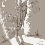 anthro blush breasts clothed clothing female footwear inner_ear_fluff leaning leaning_forward looking_at_viewer moon night outside sky solo tuft sirahtama interspecies_reviewers canid canine mammal 1:1 hi_res