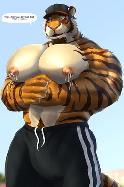 anthro baseball_cap biceps big_muscles big_pecs blue_eyes blurred_background blush bodily_fluids bulge clothing coach countershading day dialogue facial_hair goatee hat headgear headwear huge_muscles huge_pecs hyper hyper_muscles hyper_pecs lactating male male_lactation moobs muscular muscular_anthro muscular_male nipples orange_body outside pecs shirtless simple_background solo speech_bubble stripes text tufted_fur dream_and_nightmare night_(dream_and_nightmare) felid feline mammal pantherine tiger 2022 english_text hi_res
