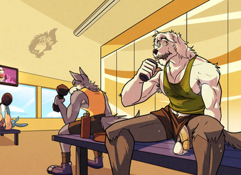 anthro armpit_hair athletic_wear ball_slip balls bodily_fluids body_hair bottomwear breasts casual_exposure circumcised claws clothing container cup drinking drinking_straw exercise exercise_clothing exercise_equipment exercise_gear flaccid footwear genital_fluids genitals gym gym_bottomwear gym_shorts humanoid_genitalia humanoid_penis leaking_precum looking_at_viewer male male_anthro musk musky_armpit musky_balls musky_penis open_shoes penis penis_poking_out penis_through_leghole precum pubes pubes_exposed saggy_balls shoes shorts sneakers sweat sweaty_balls sweaty_breasts sweaty_clothing sweaty_genitalia sweaty_legs sweaty_thighs toe_claws wardrobe_malfunction thekinkybear kylo_easton_(thekbear) ogie_dogie_(thekbear) canid canine canis domestic_dog herding_dog lagomorph leporid mammal pastoral_dog poodle rabbit sheepdog wolf absurd_res hi_res
