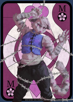 anthro barbed_wire card card_game cherry_blossom claws clothed clothing flower gaming grin grinning_at_viewer looking_at_viewer male midriff painterly plant playing_card prunus_(flower) smile smiling_at_viewer solo sydney_onmars domestic_cat felid feline felis mammal absurd_res digital_media_(artwork) digital_painting_(artwork) hi_res painting_(artwork)