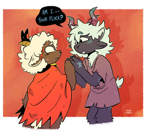 ambiguous_anthro ambiguous_gender anthro blood bodily_fluids clothed clothed_ambiguous clothing dialogue eye_contact fur horn looking_at_another red_background simple_background speech_bubble tail talking_to_another text white_body white_fur white_tail white_wool wool_(fur) rubyfunkey cult_of_the_lamb massive_monster_(studio) lamb_(cult_of_the_lamb) yngya_(cult_of_the_lamb) bovid caprine mammal sheep 2026 digital_drawing_(artwork) digital_media_(artwork) english_text