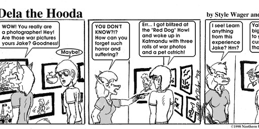 anthro breasts clothed clothed_female clothed_male clothing dialogue dipstick_ears duo ear_markings ears_back female fur hair inside male multicolored_ears pivoted_ears profanity shirt tail text topwear style_wager dela_the_hooda dela_aldershaw jake_mcross canid canine fox hooda human mammal 1998 comic english_text greyscale monochrome