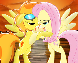 bodily_fluids cutie_mark duo eyewear feathered_wings feathers female female/female feral goggles hair kissing on_hind_legs orange_eyes orange_hair pink_hair saliva saliva_string sloppy_kiss sunset tail teal_eyes tongue wing_boner wings yellow_body yellow_feathers spitshy friendship_is_magic hasbro my_little_pony mythology fluttershy_(mlp) spitfire_(mlp) wonderbolts_(mlp) equid equine mammal mythological_creature mythological_equine pegasus digital_media_(artwork) hi_res signature