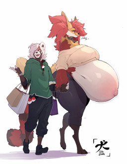 4_toes 5_fingers anthro belly big_belly big_breasts black_body black_fur bottomwear bracelet breasts clothed clothing collar duo feet female female_anthro fingers footwear fur hair hand_holding huge_belly huge_breasts hyper hyper_pregnancy jewelry larger_anthro larger_female long_hair male male/female pants pokeball pokemorph pregnant pregnant_anthro pregnant_female red_body red_fur red_hair shoes simple_background size_difference sweater text thick_thighs toes topwear walking white_background white_body white_fur white_hair yellow_body yellow_fur inu-sama nintendo pokemon delthia_(inu-sama) reed_thomas_(inu-sama) ailurid delphox generation_6_pokemon mammal pokemon_(species) red_panda absurd_res artist_name hi_res